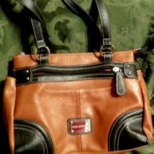 STONE NEW YORK TOTE HANDBAG MEDIUM CAMEL BROWN/BLACK ACCENTS ZIPPERED/POCKETS
